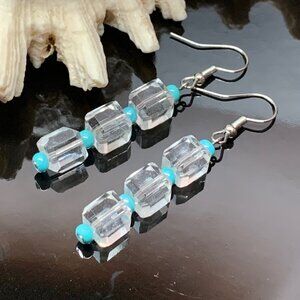Clear Square Austrian Crystal Beads Turquoise Seed Bead Handmade Earrings LR140
